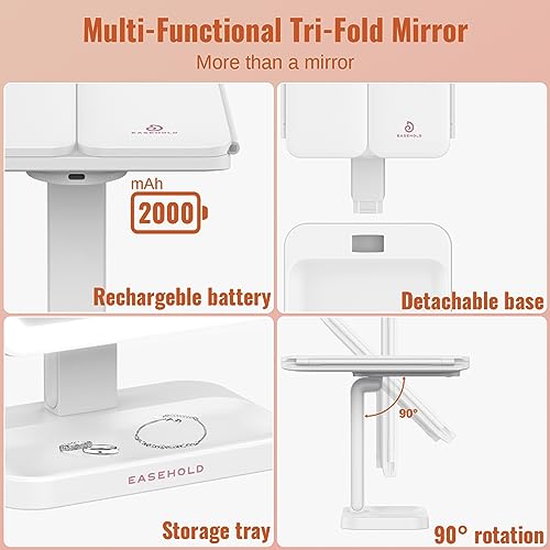 EASEHOLD Lighted Makeup Mirror with 3X Magnification, 3 Color Lights & Touch Sensor - Rechargeable Trifold Vanity Mirror for Travel, Desk, Home Use - Image 5
