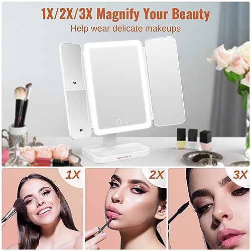 EASEHOLD Lighted Makeup Mirror with 3X Magnification, 3 Color Lights & Touch Sensor - Rechargeable Trifold Vanity Mirror for Travel, Desk, Home Use - Image 2