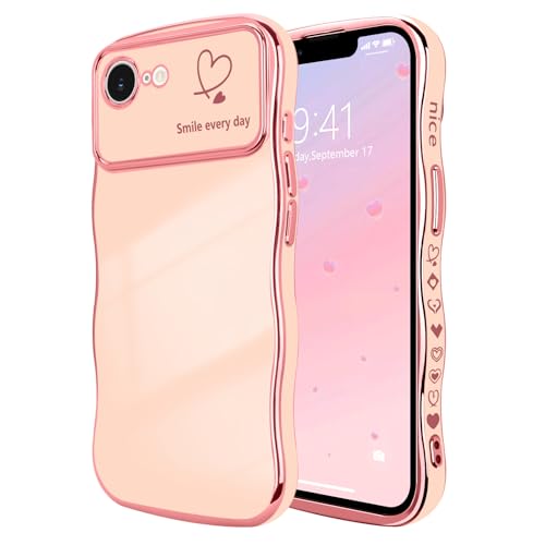 LCHULLE for iPhone 16e Case for iPhone 17e Case for Women Girls, Cute Wave Frame Curly Shape with Love Heart Raised Camera Protection Luxury Plating Shockproof Phone Cover for iPhone 16e/17e, Pink - Image 1