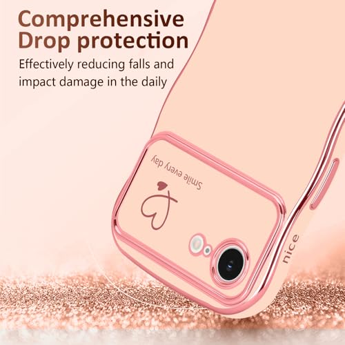 LCHULLE for iPhone 16e Case for iPhone 17e Case for Women Girls, Cute Wave Frame Curly Shape with Love Heart Raised Camera Protection Luxury Plating Shockproof Phone Cover for iPhone 16e/17e, Pink - Image 3