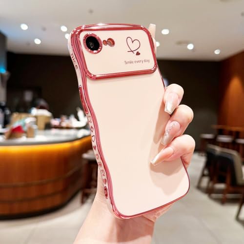 LCHULLE for iPhone 16e Case for iPhone 17e Case for Women Girls, Cute Wave Frame Curly Shape with Love Heart Raised Camera Protection Luxury Plating Shockproof Phone Cover for iPhone 16e/17e, Pink - Image 2
