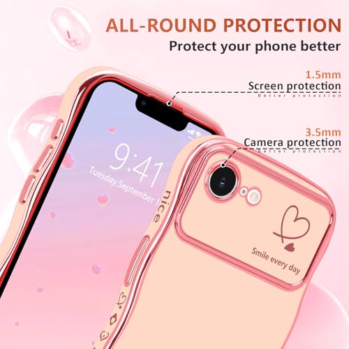 LCHULLE for iPhone 16e Case for iPhone 17e Case for Women Girls, Cute Wave Frame Curly Shape with Love Heart Raised Camera Protection Luxury Plating Shockproof Phone Cover for iPhone 16e/17e, Pink - Image 4