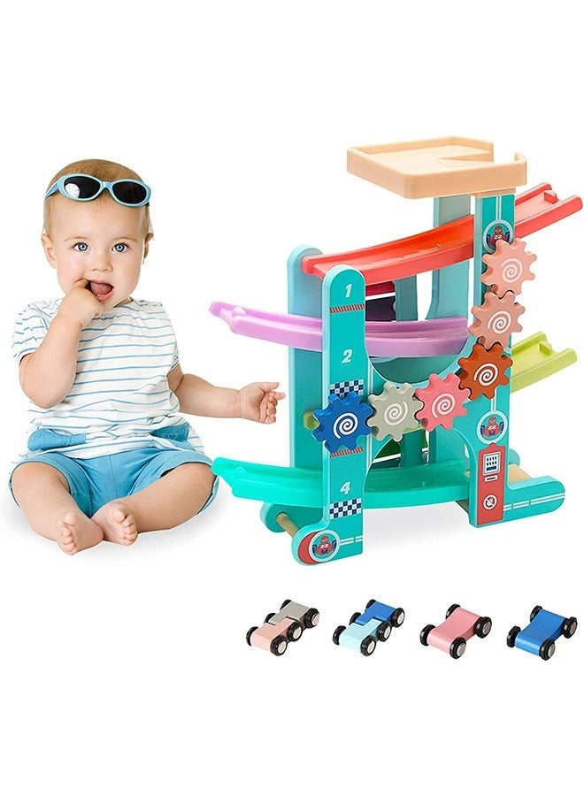 YelaJoy Race Track for Toddlers, Car Ramp Race Track Toys for 1 2 3 4 Year Old Boy Girl, Toddlers Car Adventure Toys with 4 Wooden Cars, Montesorri Toys for Colorful Gear Cognition - Image 1