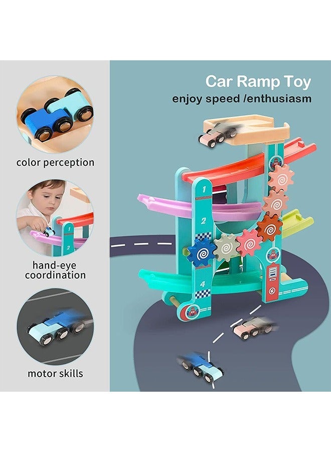 YelaJoy Race Track for Toddlers, Car Ramp Race Track Toys for 1 2 3 4 Year Old Boy Girl, Toddlers Car Adventure Toys with 4 Wooden Cars, Montesorri Toys for Colorful Gear Cognition - Image 2