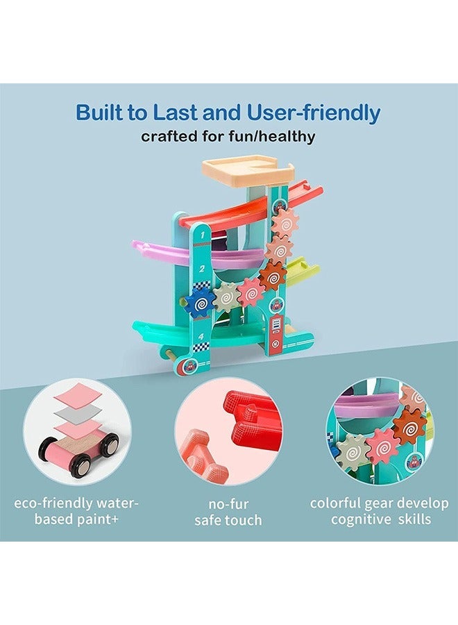 YelaJoy Race Track for Toddlers, Car Ramp Race Track Toys for 1 2 3 4 Year Old Boy Girl, Toddlers Car Adventure Toys with 4 Wooden Cars, Montesorri Toys for Colorful Gear Cognition - Image 3