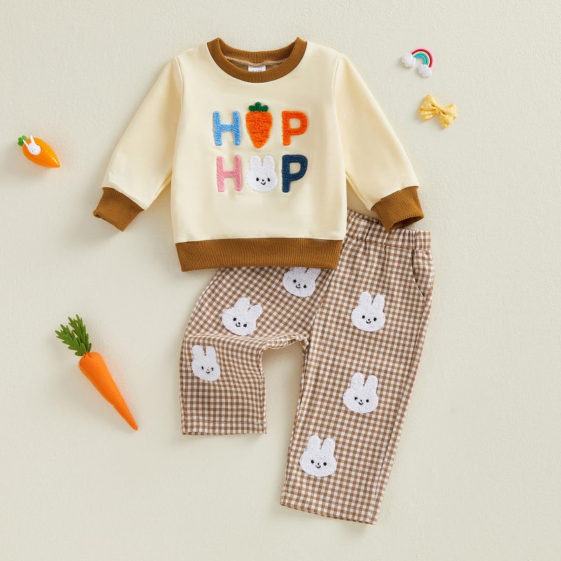 JLKGICF Baby Boy Easter Outfit Long Sleeve Carrot Rabbit Embroidery Sweatshirt Plaid Pants Set Toddler Boy Easter Clothes (White Bunny, 18-24M) - Image 3