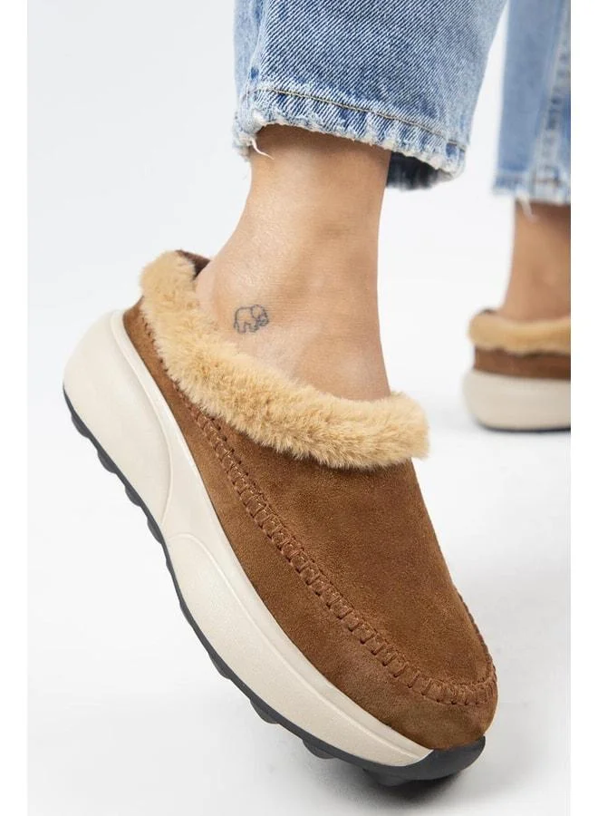 (Adela Kürklü) Women's Genuine Leather Sabo Taba Slippers.
