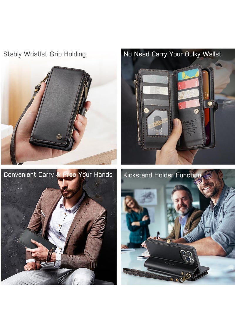 Excefore For iPhone 15 Pro Max Phone Case with Card Holder, Zipper PU Leather Protective Phone Cover, RFID Blocking iPhone 15 Pro Max Wallet Case, Suitable for Women Men (Black) - Image 4