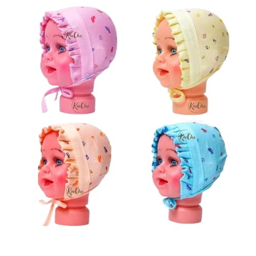 KmCho Newborn Baby jalar Cap/Hat/Topi, Printed, Pure Hosiery Cotton Soft Fabric- Soft & Breathable | Cozy, Lightweight & Stretchable | Unisex Baby Cap for Everyday Comfort - 4 Pcs - DN 4 - Image 1