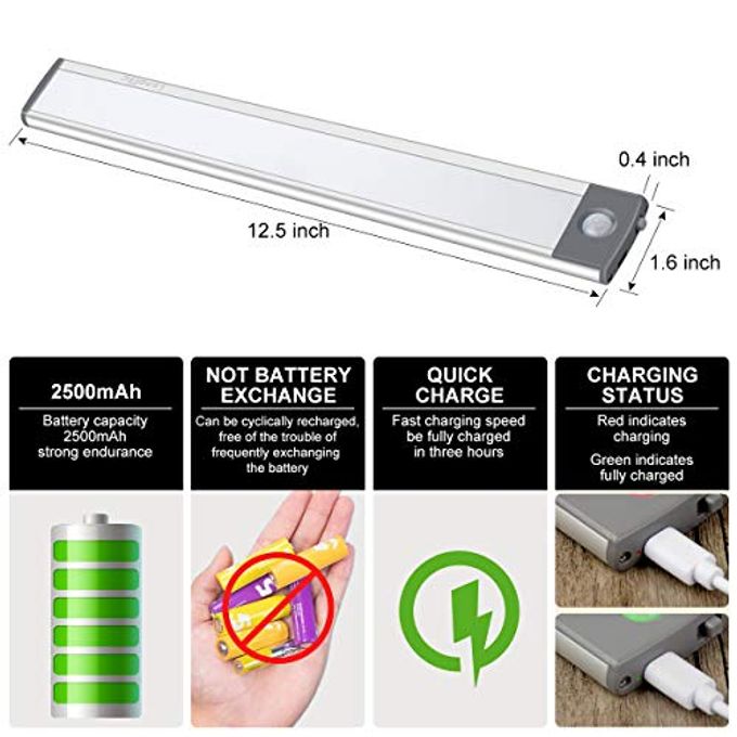 LEPOTEC LED Motion Sensor Light,Under Counter Lighting, Wireless USB Rechargeable Kitchen Night Lights,Battery Powered Operated Light,54-LED Light for Wardrobe,Closets,Cabinet,Cupboard, 2 Count (Pack of 1) - Image 2