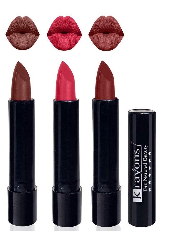 Krayons Cute Pop Matte Lipstick, Waterproof, Longlasting, Brick Tone, First Crush, Cherry Maroon, 3.5gm Each (Pack of 3) - Image 1