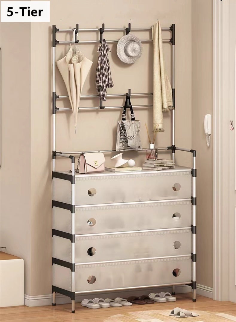Kutis 5-Tier Stainless Steel Coat and Shoes Rack Clothes Rack Storage Organizer With Hook for Home 63x28x172 cm - Image 1