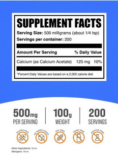 BULKSUPPLEMENTS.COM .com Calcium Acetate Powder - Calcium Supplement - Food Grade & Gluten Free, 500mg (125mg Calcium) per Serving, 100g (3.5 oz) (Pack of 1)  - Image 2