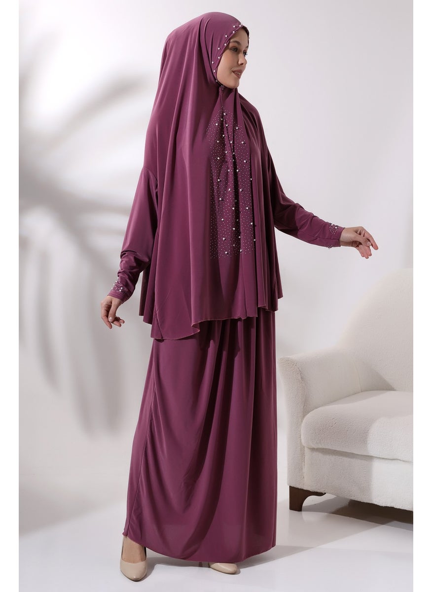 İhvan Ihvan Two Piece Prayer Dress with Pearls and Stones Top and Bottom Practical Dress 8017 Dried Rose  - Image 2