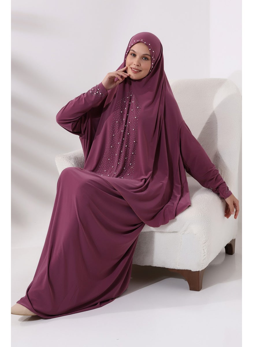 İhvan Ihvan Two Piece Prayer Dress with Pearls and Stones Top and Bottom Practical Dress 8017 Dried Rose  - Image 3