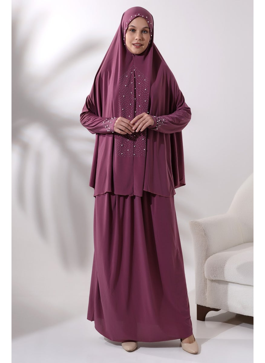 İhvan Ihvan Two Piece Prayer Dress with Pearls and Stones Top and Bottom Practical Dress 8017 Dried Rose  - Image 4