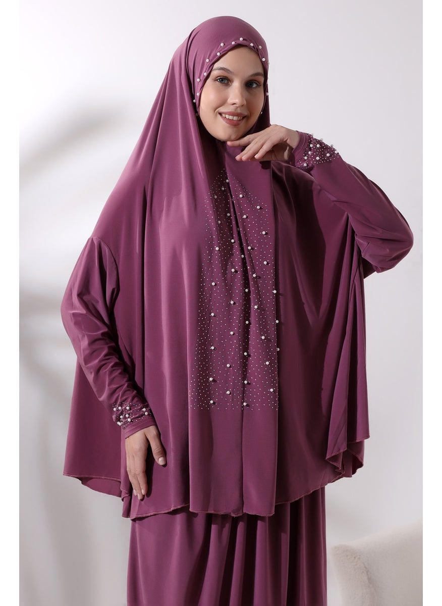 İhvan Ihvan Two Piece Prayer Dress with Pearls and Stones Top and Bottom Practical Dress 8017 Dried Rose  - Image 5