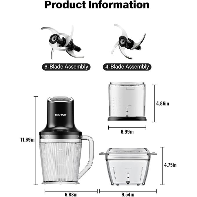 SHARDOR 3-in-1 Small Food Processor/Blender, 400W Powerful Food Chopper with 6-Cup Jar, 4-Cup Processor Bowl & 2-Cup Chopper Bowl, for Food Prep, Smoothies and Milkshakes - Image 2