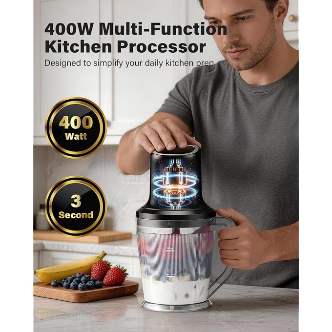 SHARDOR 3-in-1 Small Food Processor/Blender, 400W Powerful Food Chopper with 6-Cup Jar, 4-Cup Processor Bowl & 2-Cup Chopper Bowl, for Food Prep, Smoothies and Milkshakes - Image 3
