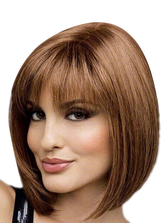 Loquat Short Straight Bob  Hair Wigs With Flat Bangs Brown - Image 1