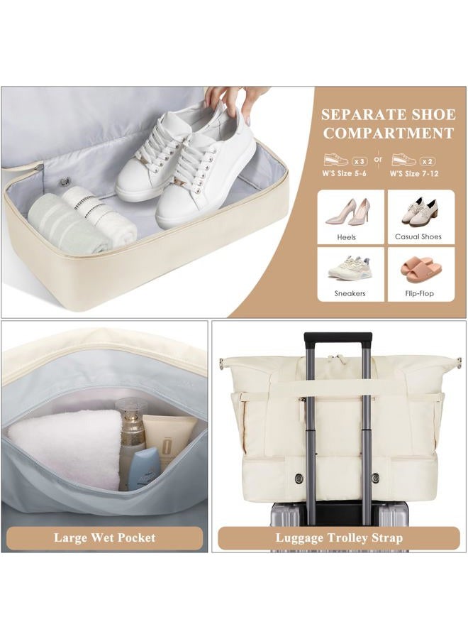 ETRONIK Gym Bag for Women, Travel Duffel Bag with Shoes Compartment, Weekender Bag with USB Charging Port, Beige, Large - Image 5