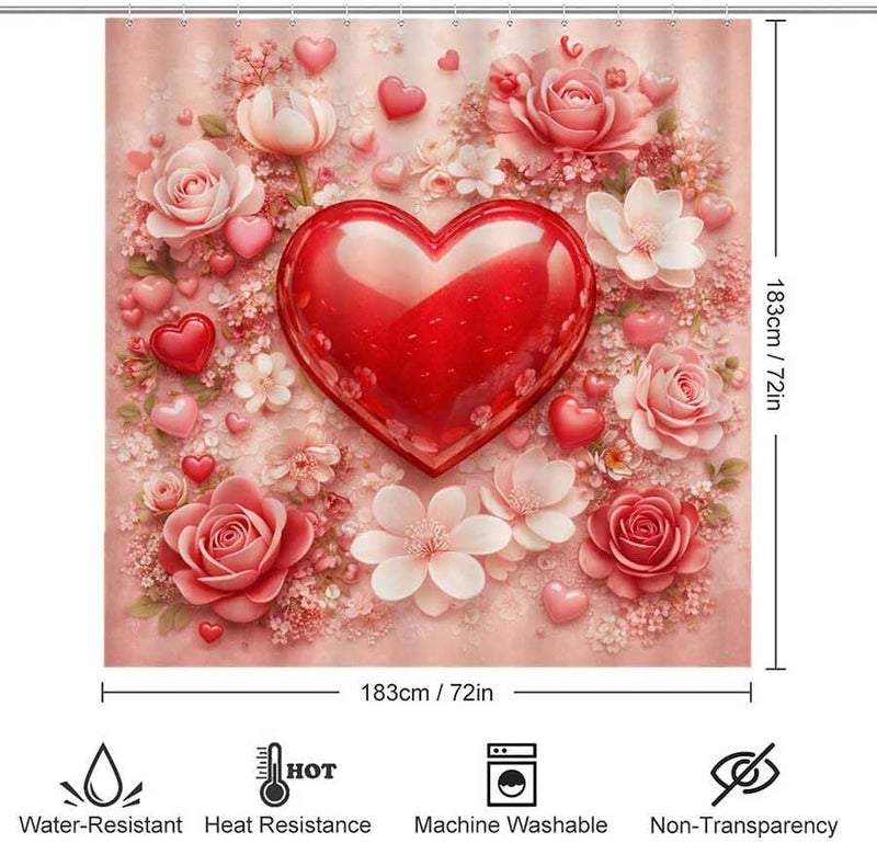 Heart Surrounded by Flowers and Small Hearts on Pink backgroundShower Curtain for Bathroom Waterproof Tan Shower Curtain with Hooks 71 inch x 71 inch - Image 3