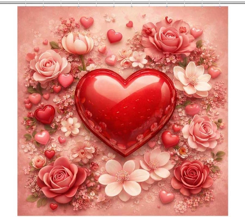 Heart Surrounded by Flowers and Small Hearts on Pink backgroundShower Curtain for Bathroom Waterproof Tan Shower Curtain with Hooks 71 inch x 71 inch - Image 1