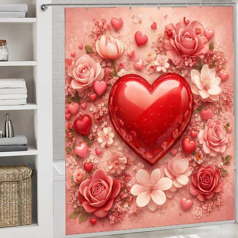 Heart Surrounded by Flowers and Small Hearts on Pink backgroundShower Curtain for Bathroom Waterproof Tan Shower Curtain with Hooks 71 inch x 71 inch - Image 2