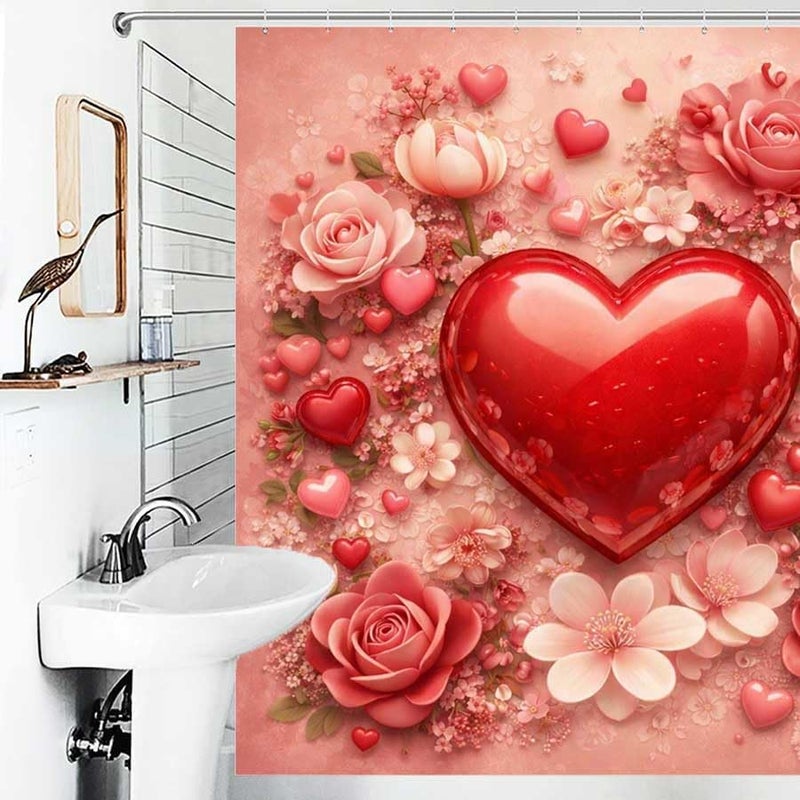 Heart Surrounded by Flowers and Small Hearts on Pink backgroundShower Curtain for Bathroom Waterproof Tan Shower Curtain with Hooks 71 inch x 71 inch - Image 4