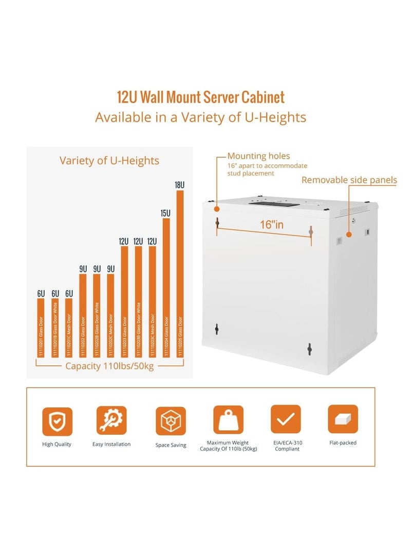 FTTEGO Wall Mounted Cabinet Server 12U "630mm X 600mm" With Glass door | whight - Image 1