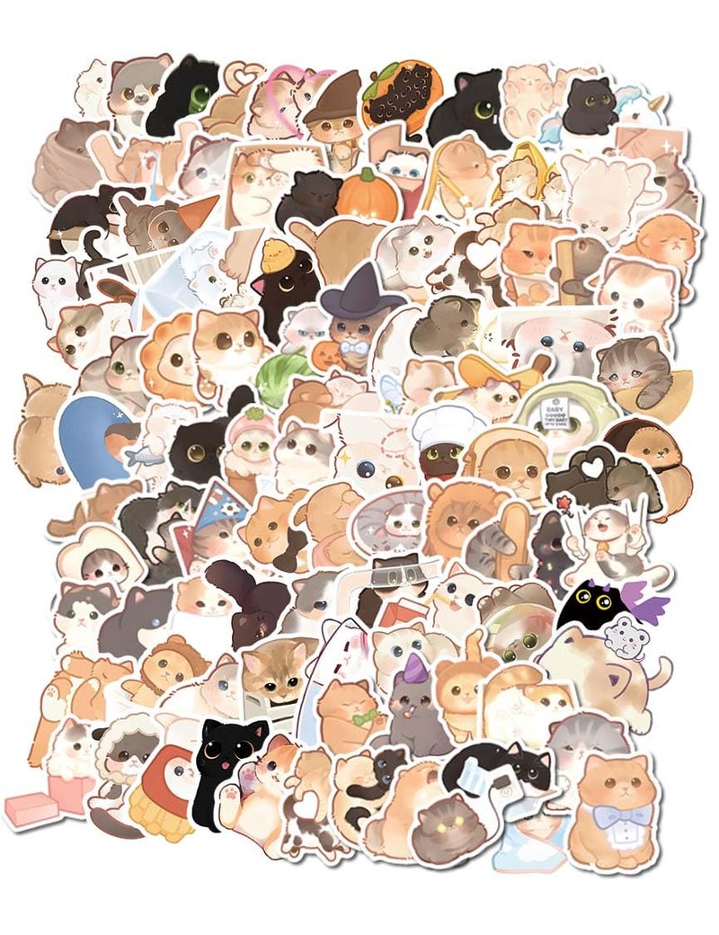 FNGEEN Cute Cat Stickers for Kids Teen Adults 100 Pack, Waterproof Kawaii Stickers Water Bottle Laptop Phone Case Scrapbooking, Cat Birthday Party Kawaii Gift Thing Stuff Item Boy Girl (Kawaii cat 100pcs) - Image 1
