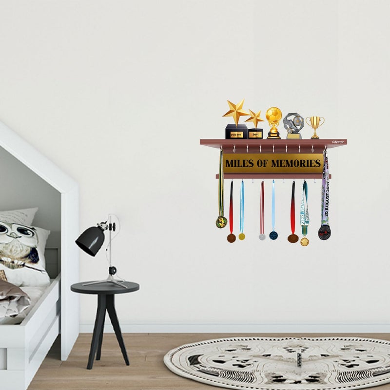 Odestar - Wooden Medal Holder Hanger Award, Medal Display Rack & Trophy Shelf Wall Mounted | Miles of Memories |Engineered Wood with 18 - Hooks (Size ‎40 x 5 x 8 Centimeters) Classic Walnut - Image 1