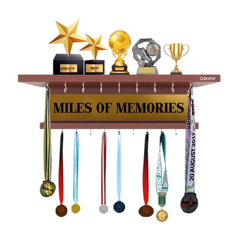 Odestar - Wooden Medal Holder Hanger Award, Medal Display Rack & Trophy Shelf Wall Mounted | Miles of Memories |Engineered Wood with 18 - Hooks (Size ‎40 x 5 x 8 Centimeters) Classic Walnut - Image 2