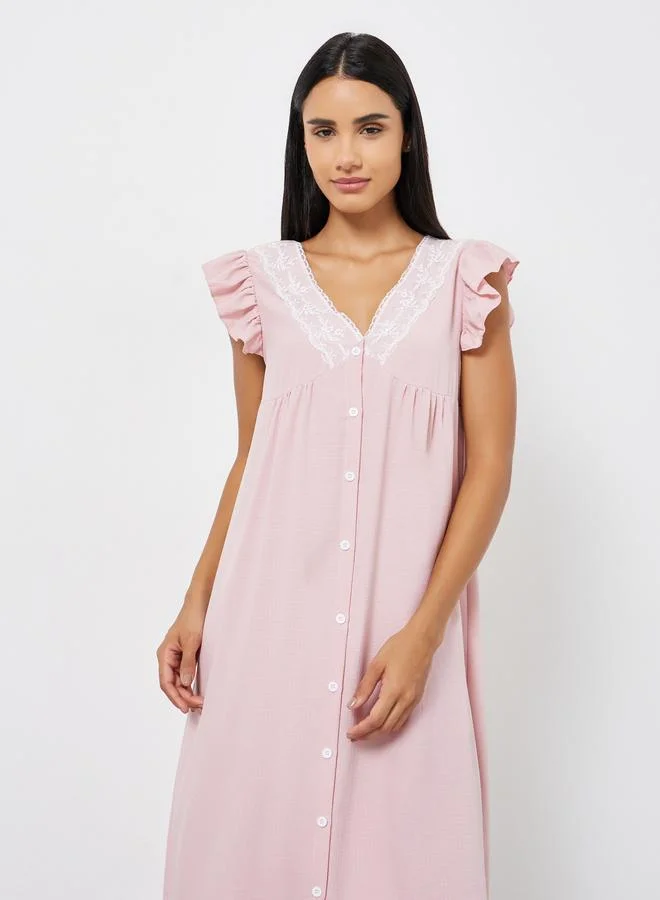 Styli Button Detail Lace Trim Ruffle Sleeve Nightdress