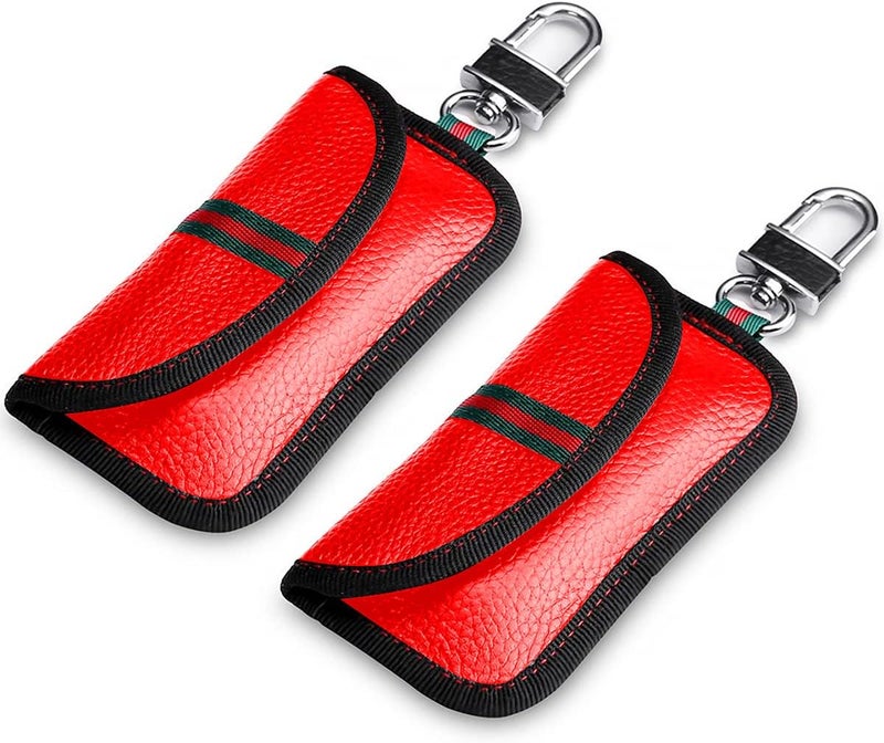 VAWcornic 2 Pack Faraday Bag, Genuine Leather RFID Signal Blocking Pouch, Keyless Signal Block Key Case for Car Security, Anti-Theft Remote Entry Smart Fob Protection - 2 Pcs Red - Image 1