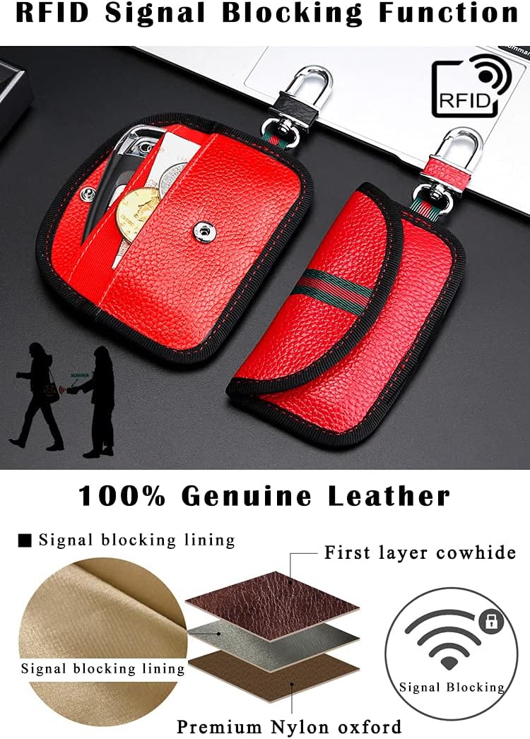 VAWcornic 2 Pack Faraday Bag, Genuine Leather RFID Signal Blocking Pouch, Keyless Signal Block Key Case for Car Security, Anti-Theft Remote Entry Smart Fob Protection - 2 Pcs Red - Image 3