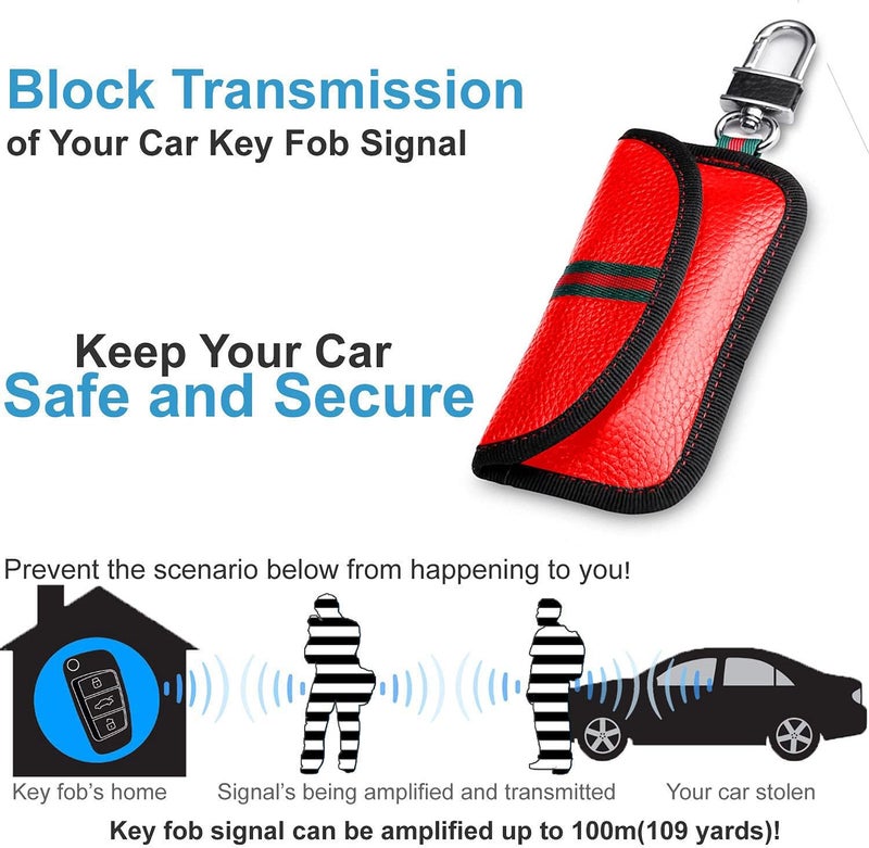 VAWcornic 2 Pack Faraday Bag, Genuine Leather RFID Signal Blocking Pouch, Keyless Signal Block Key Case for Car Security, Anti-Theft Remote Entry Smart Fob Protection - 2 Pcs Red - Image 2