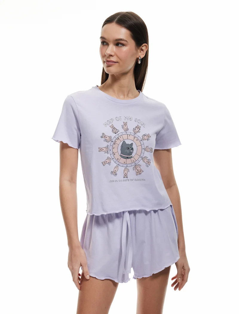 كوتون Cat Printed Shorts Pajama Set