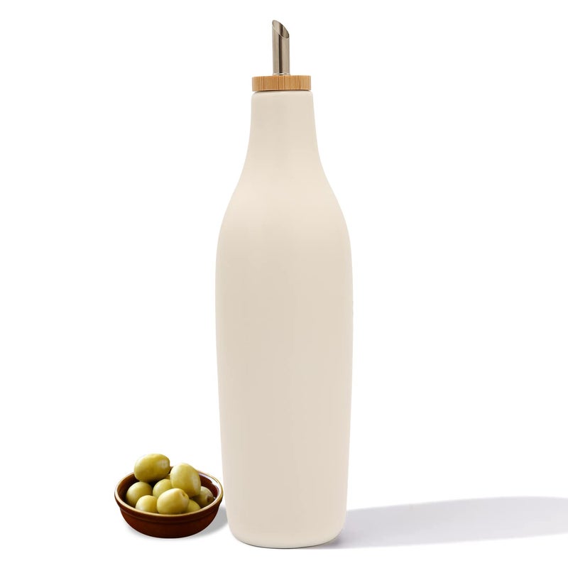 HOMCDALY Ceramic Olive Oil Dispenser for Kitchen, Stoneware 16oz Oil and Vinegar Bottles Dispenser, Kitchen Dispenser Bottle for EVOO Vinegar Syrups, Modern Farmhouse Design(W) - Image 1