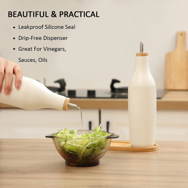 HOMCDALY Ceramic Olive Oil Dispenser for Kitchen, Stoneware 16oz Oil and Vinegar Bottles Dispenser, Kitchen Dispenser Bottle for EVOO Vinegar Syrups, Modern Farmhouse Design(W) - Image 4