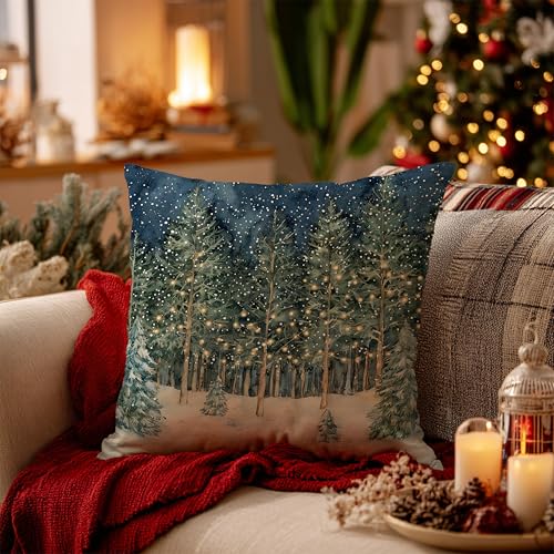 BUJSP Rustic Christmas Forest Pillow Covers 18x18, Farmhouse Christmas Decor, Xmas Winter Snowflake Forest Decorative Throw Pillow Covers for Home Bedroom Living Room - Image 3