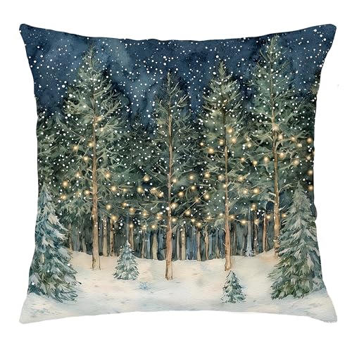 BUJSP Rustic Christmas Forest Pillow Covers 18x18, Farmhouse Christmas Decor, Xmas Winter Snowflake Forest Decorative Throw Pillow Covers for Home Bedroom Living Room - Image 1