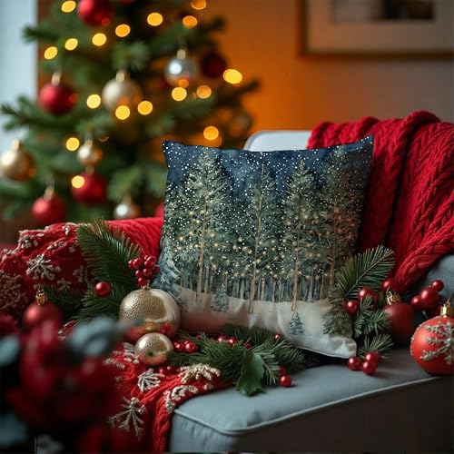 BUJSP Rustic Christmas Forest Pillow Covers 18x18, Farmhouse Christmas Decor, Xmas Winter Snowflake Forest Decorative Throw Pillow Covers for Home Bedroom Living Room - Image 4