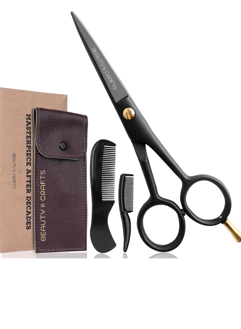 Beauty & Crafts Beauty & Crafts- 5'' German Beard Mustache Scissors - 2 Mustache Comb for Facial Hair with Beautiful Pouch - Beard Trimming Scissors Use for Grooming, Cutting, and Styling of Mustache (Black)