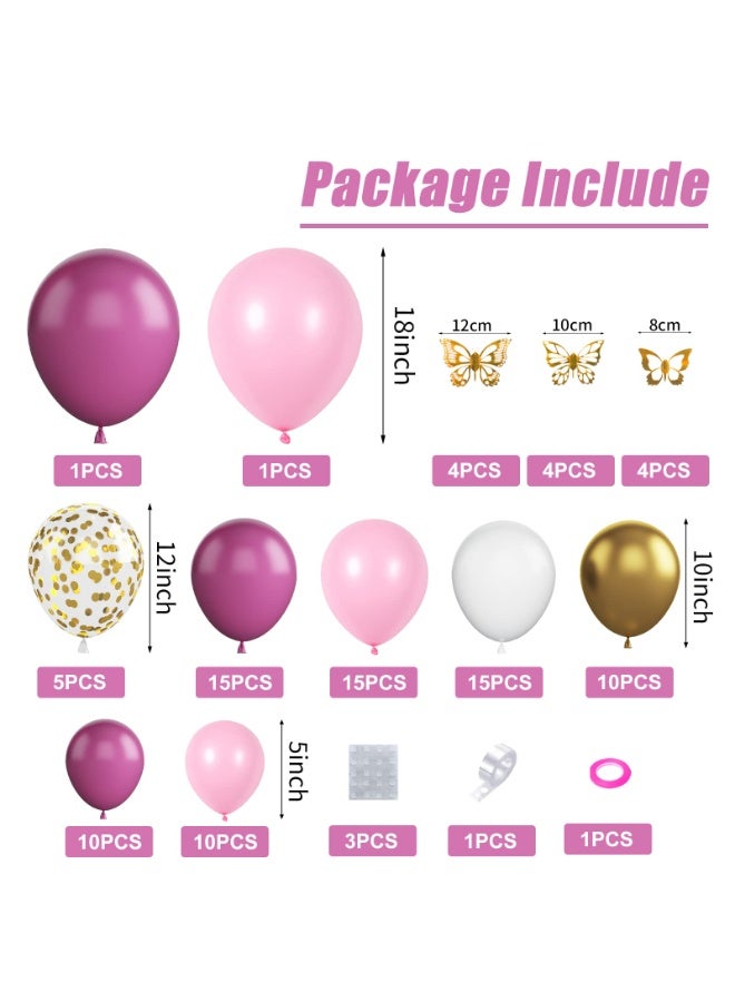 123pcs Premium Pink Balloons Set with Gold Accents & Light Pink Balloons for Birthday Party Decoration – Includes 18/12/10/5-Inch Balloons in Deep Pink, Light Pink, White & Gold, Gold Butterfly Stickers, Adhesive Tape & Balloon Strip – Perfect for Birthday Balloons, Balloons Decoration Set & Party Celebrations - Image 2