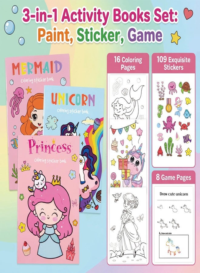SOCOLER 3 Pack Coloring Books for Kids: Princess, Unicorn & Mermaid Themes for Girls Ages 4-8 - Children's Color Book Activity Set with Painting, Stickering & Gaming for Toddlers 3 4 5 6 7 8, 4.7" × 7" - Image 3