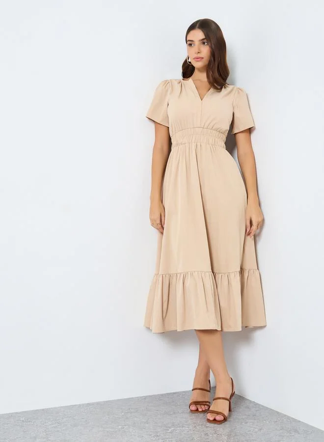 Styli Styli Solid Short Sleeves Tiered Midi Dress