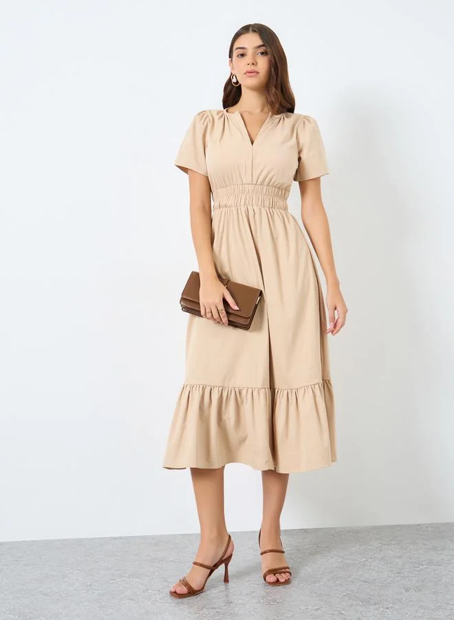 Styli Styli Solid Short Sleeves Tiered Midi Dress