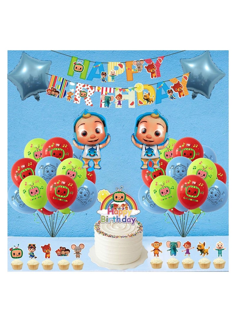 CocoMelon Theme Birthday Party Decoration Box - Cocomelon Birthday Party Supplies, Birthday Party Decorations Include Happy Birthday Banner, Cake topper, Hanging Swirls, Latex Balloons
