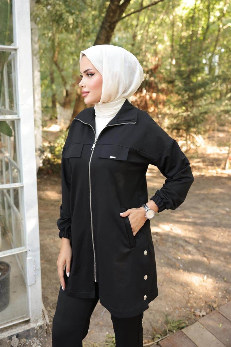 Bwest Zippered Pocket Snap Detail Double Hijab Tracksuit - 71207.003 - Black - Image 2
